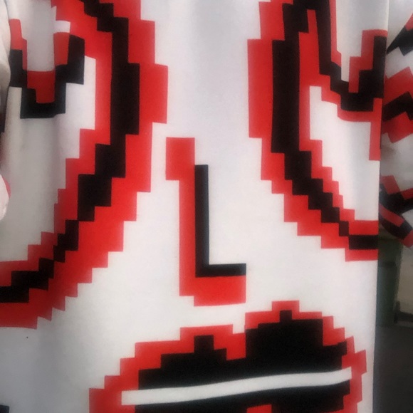 Red black white Devils sweater psychedelic pixel Drippy Zelpha Pixicuh size L - Picture 7 of 8